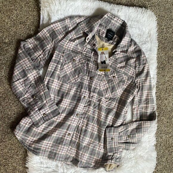 JACHS Girlfriend Faux Fur Lined Snap Front Flannel Shirt Jacket Shacket Small - Picture 1 of 8
